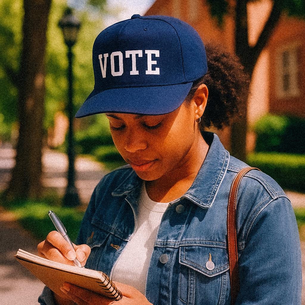 A woman wearing a navy blue “VOTE” cap and denim jacket writes in a notebook on a tree-lined path, with sunlight casting soft shadows around her.