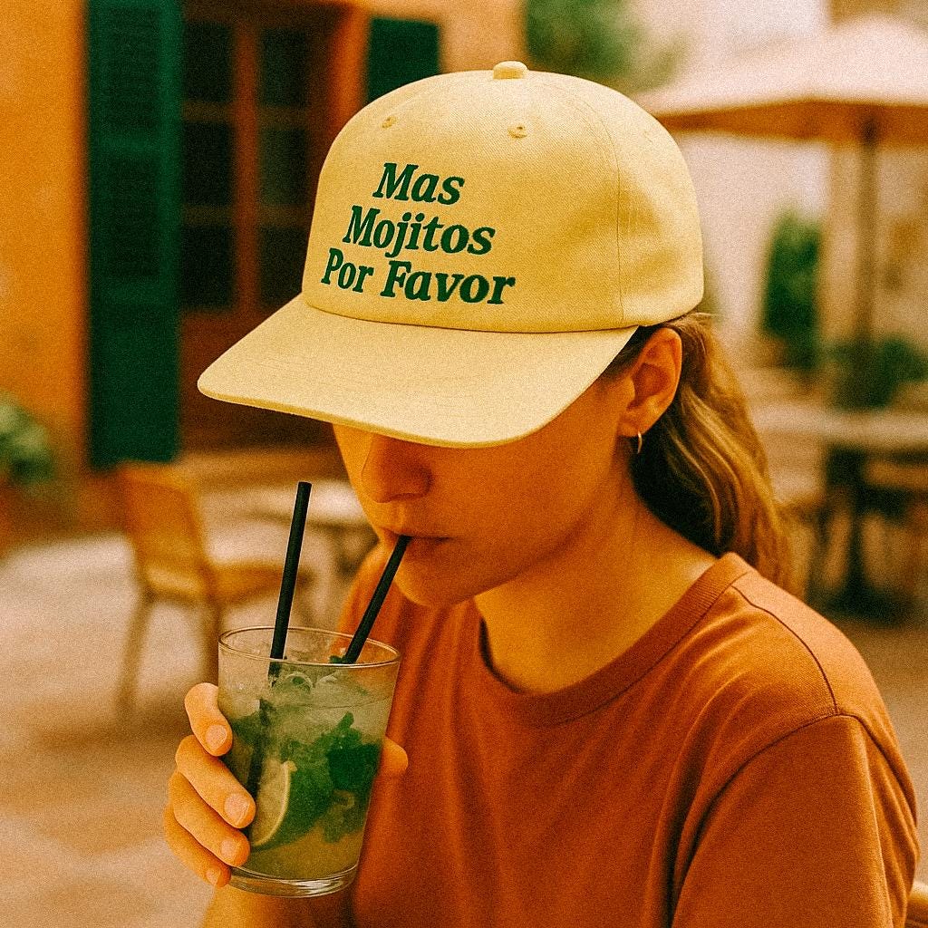 A woman in a muted orange tee sips a mojito through two straws while wearing a pale yellow cap that reads “Mas Mojitos Por Favor” in green text.