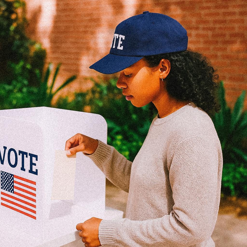 A young woman in a grey sweater casts her ballot at a voting booth while wearing a navy blue cap that reads “VOTE” in bold white letters.