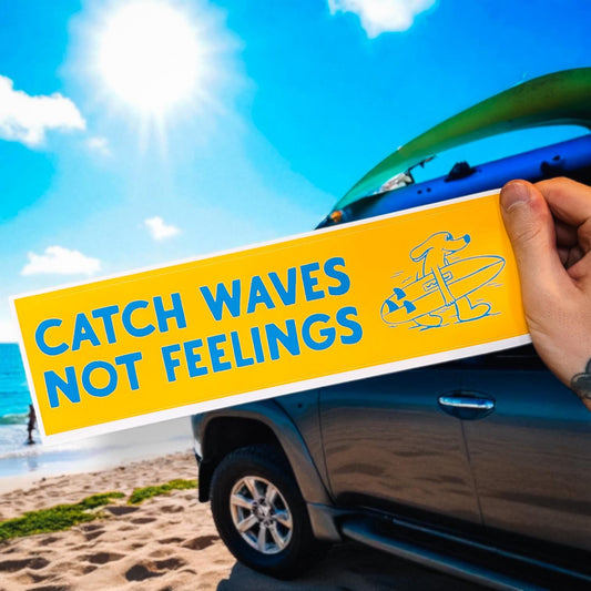 Catch Waves Not Feelings Bumper Sticker: Funny Surfer Vinyl Decal
