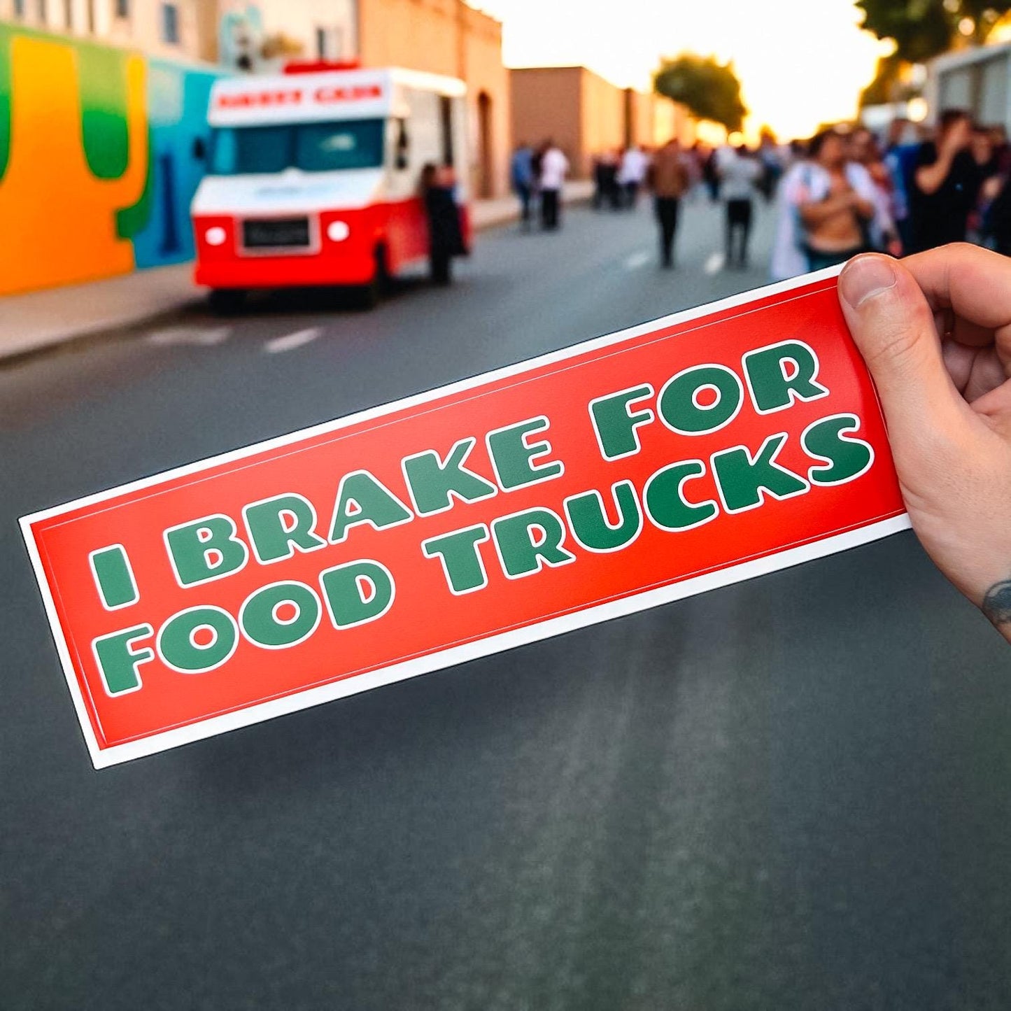 I Brake for Food Trucks Bumper Sticker | Funny Vinyl Decal for Street Food Lovers | Foodie Car Sticker with Bold Retro Vibes