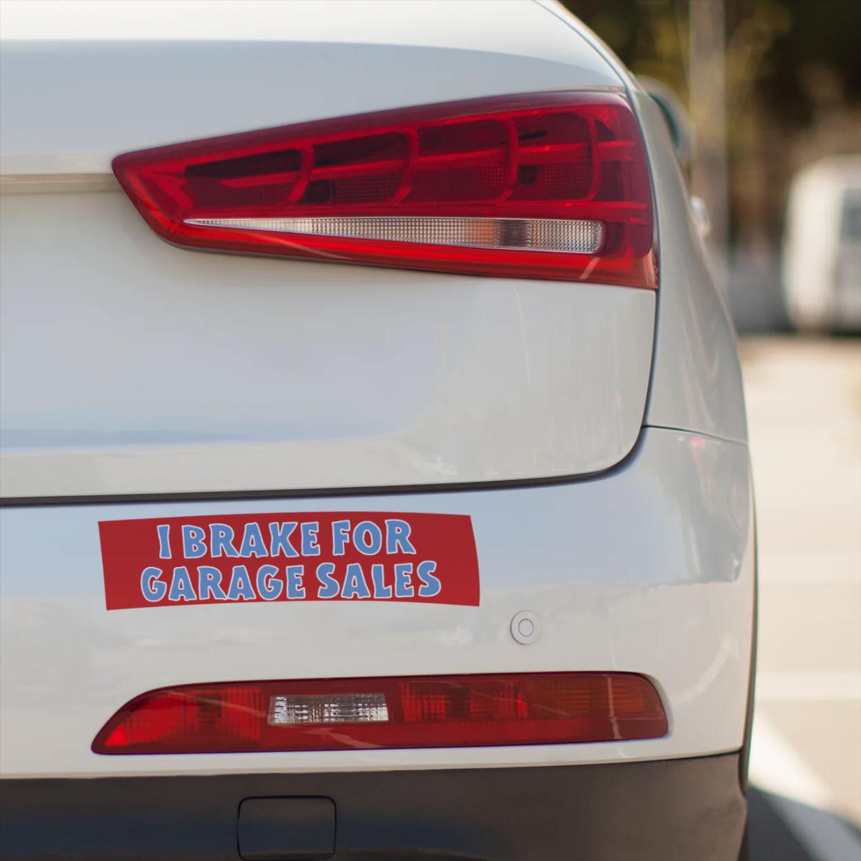 I Brake for Garage Sales Bumper Sticker - Funny Retro Vinyl Decal