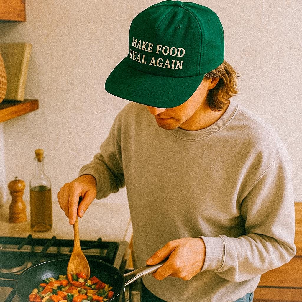 A man wearing a green baseball cap that reads “MAKE FOOD REAL AGAIN” cooks colorful vegetables in a frying pan. He’s stirring with a wooden spoon and wearing a light grey sweatshirt in a cozy kitchen
