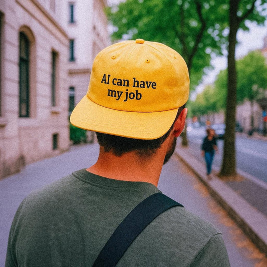 A man walks down a tree-lined city street wearing a mustard yellow cap that reads “AI can have my job” in black text. He’s seen from behind, casual and resigned.
