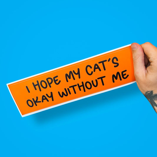 I Hope My Cat’s Okay Without Me Bumper Sticker | Funny Anxious Cat Parent Car Decal | Funny Cat Lady Sticker