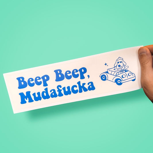 Beep Beep Mudafucka Bumper Sticker – Funny Offensive Road Rage Decal with Dog in Car