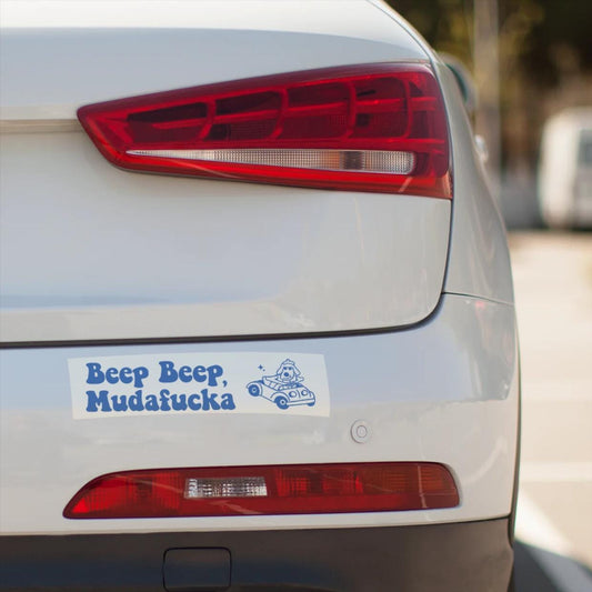 Beep Beep Mudafucka Bumper Sticker – Funny Offensive Road Rage Decal with Dog in Car